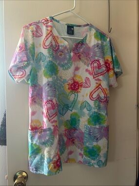 Zoe Chloe Colorful Heart & Tie-Dye Medical Scrub Top